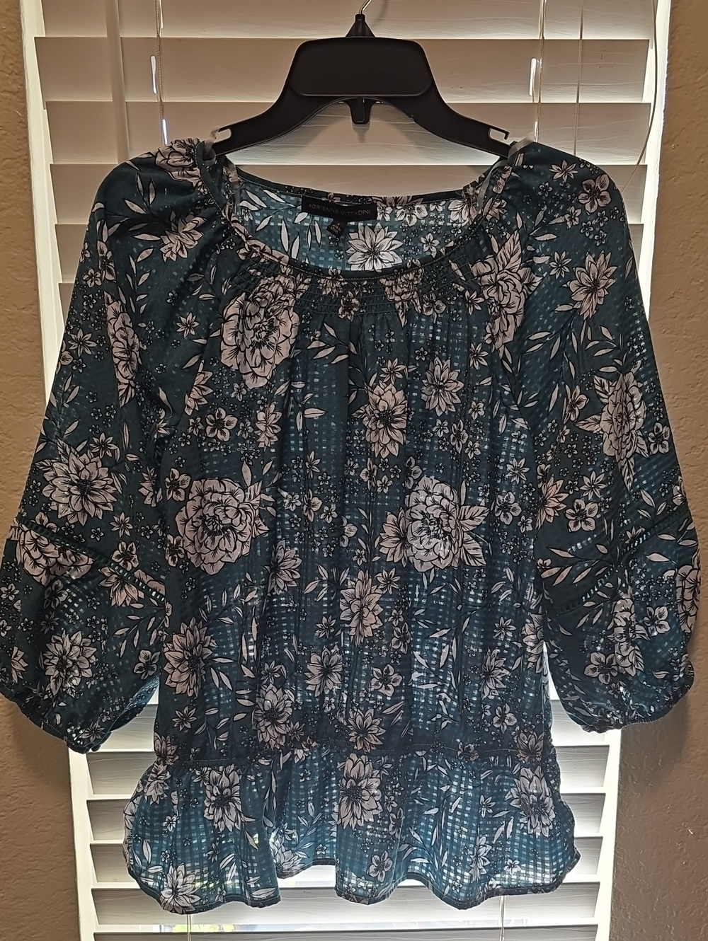 Adrienne Vittadini Teal Floral Peasant Blouse